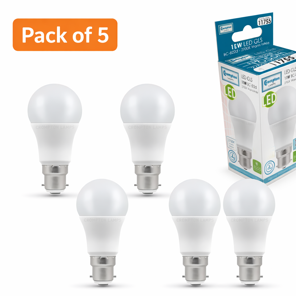 5 Pack Crompton 9.5W LED GLS BC 2700K Very Warm White (75W Incandescent Equivalent)