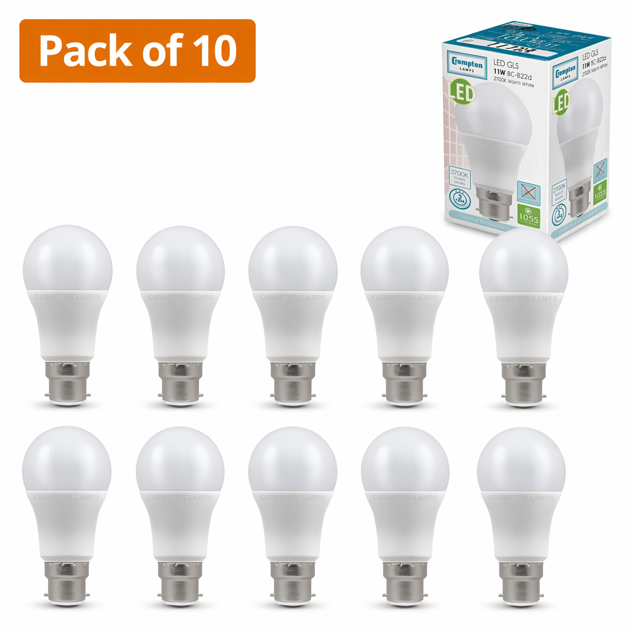10 Pack Crompton 9.5W LED GLS BC Very Warm White 75W Equivalent Bulbs