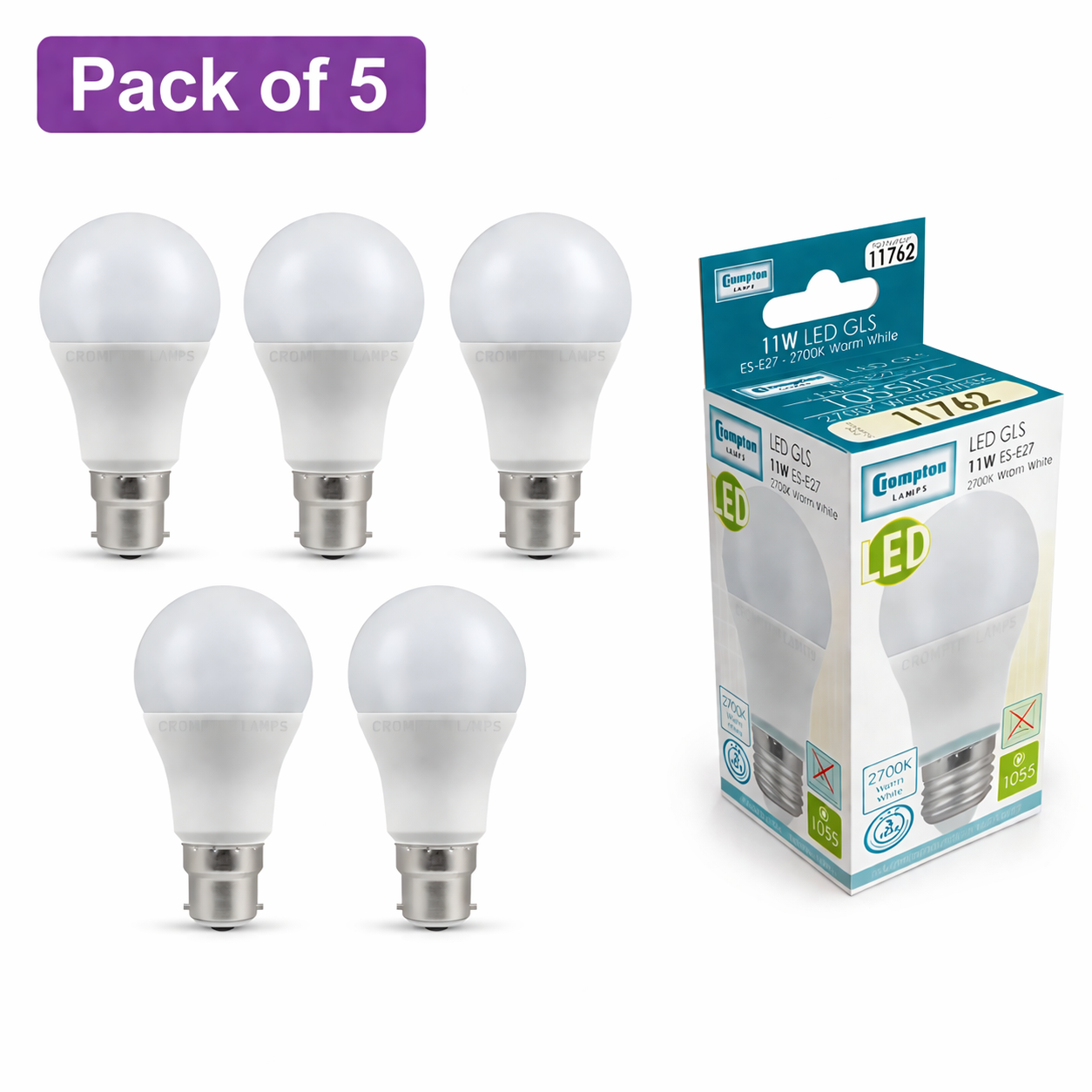 5 Pack Crompton 9.5W ES LED GLS Bulbs - Very Warm White (75W Incandescent Alternative)