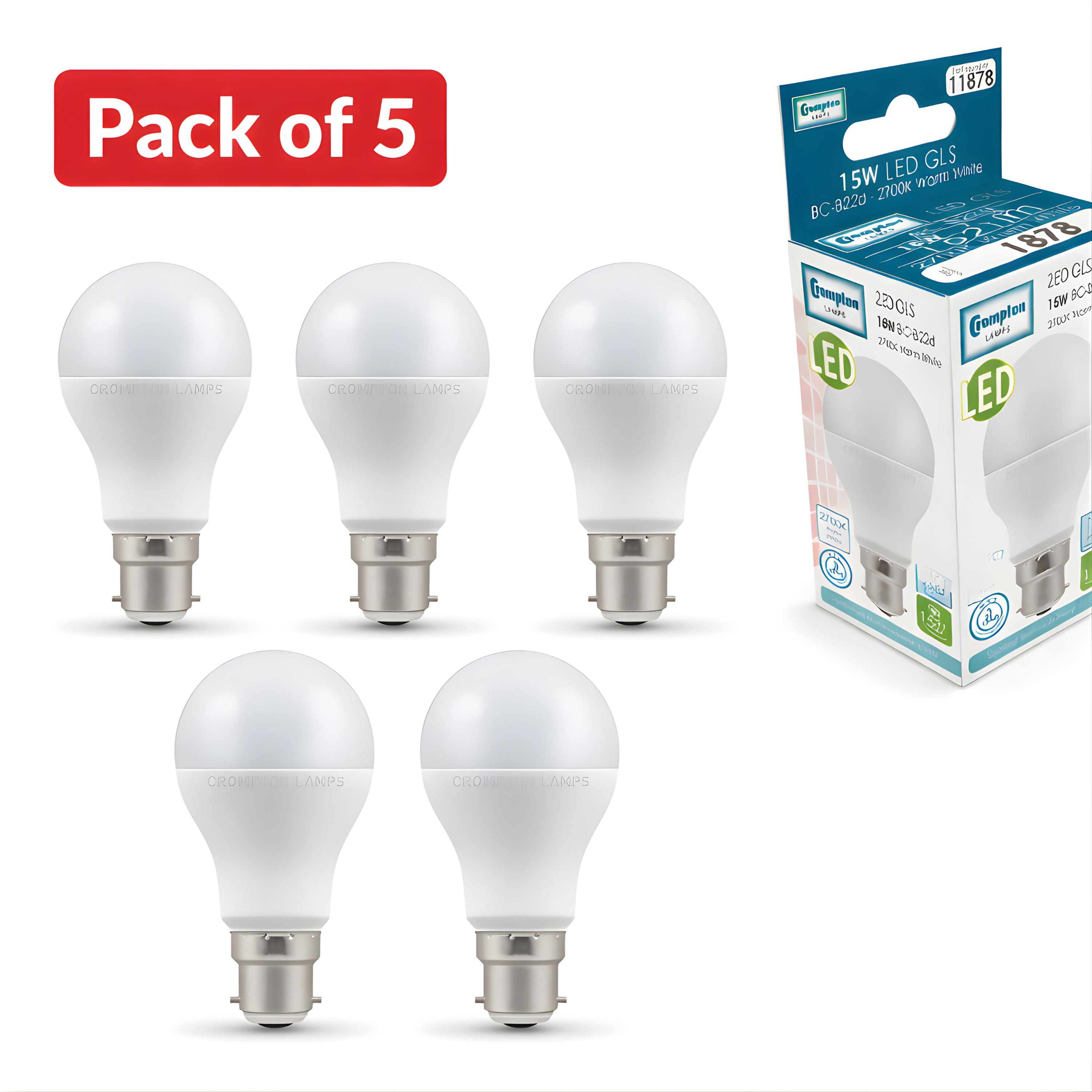 5 Pack Crompton 15W LED GLS BC Very Warm White 100W Equivalent Light Bulb
