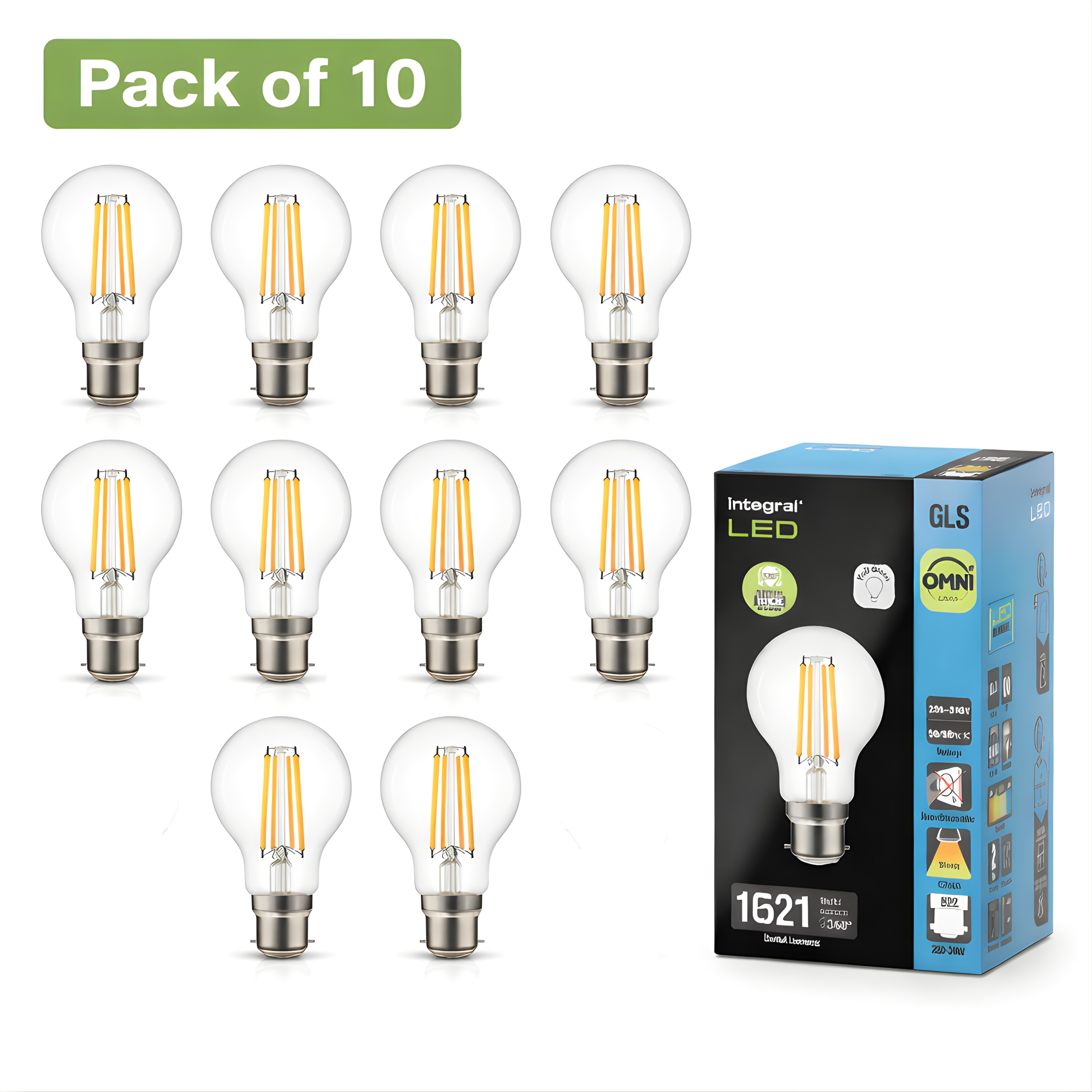 10 Pack Integral LED Filament GLS 10.5W BC Very Warm White 2700K 1400lm 100W Equivalent