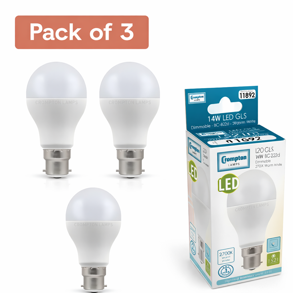 3 Pack Crompton LED Dimmable 14W BC Very Warm White GLS (100W Alternative)