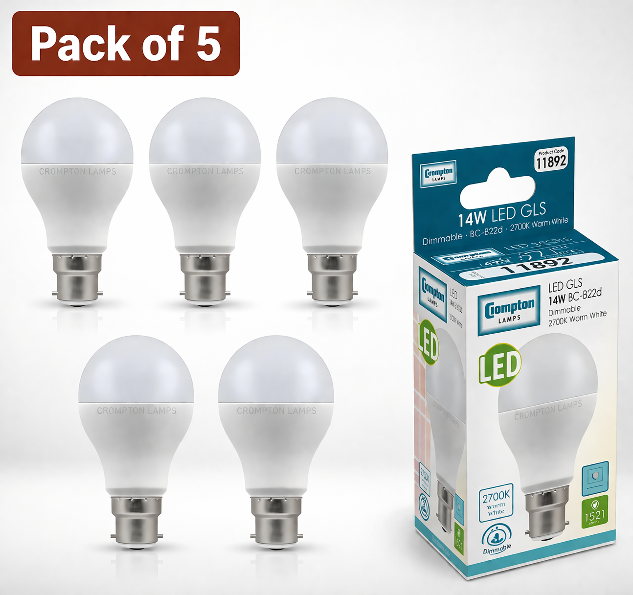 5 Pack Crompton 14W LED Dimmable GLS BC, Very Warm White (100W Incandescent Equivalent)