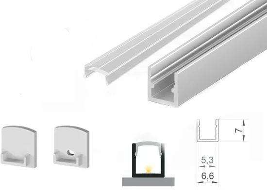 (6.6mm x 7mm) 1 Metre Surface Silver Anodized Aluminium LED Micro Profile P4-4 C/W Tape, End Caps & Clear Cover This is a Product image