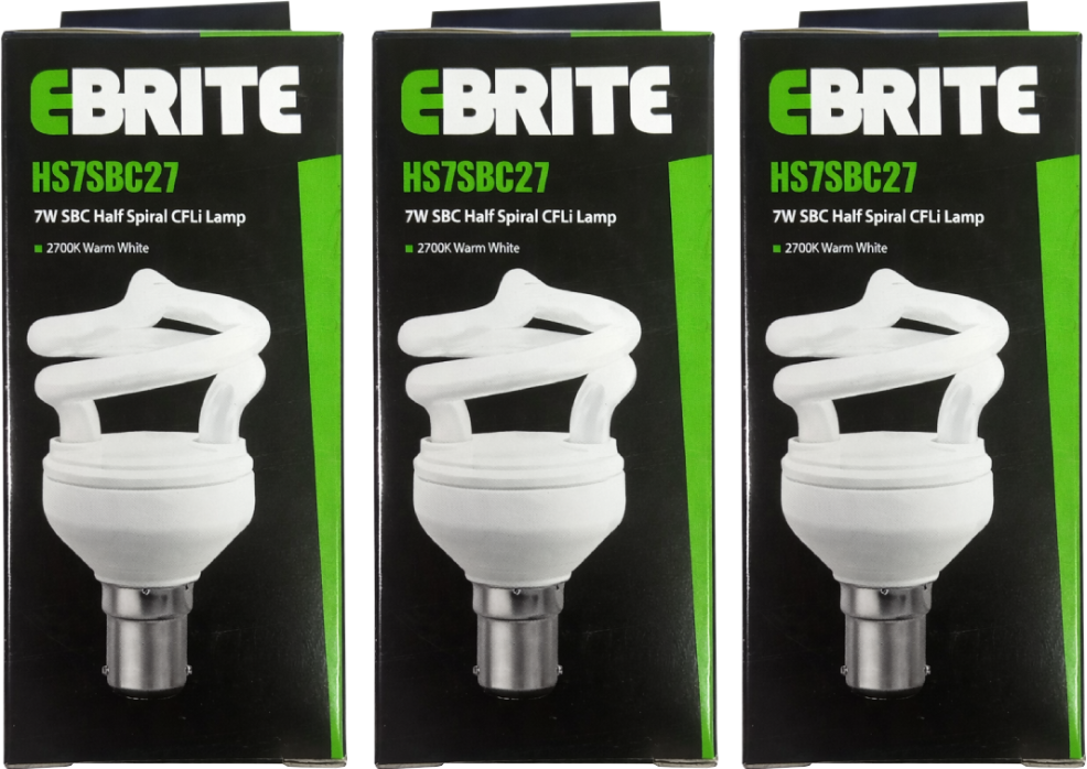 3 Pack 7W SBC Half Spiral CFL Lamp, Very Warm White 2700K, B15 Cap