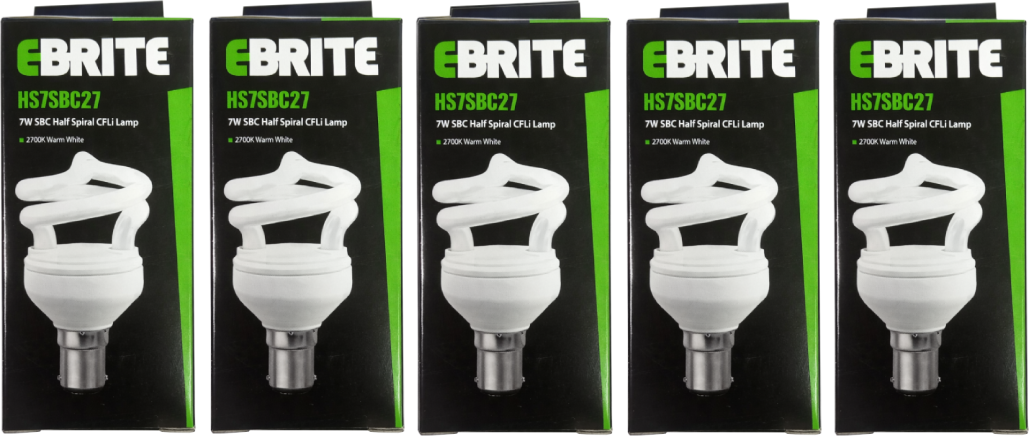 5 Pack 7W SBC Half Spiral CFLi Lamp, Very Warm White 2700K, B15 Cap