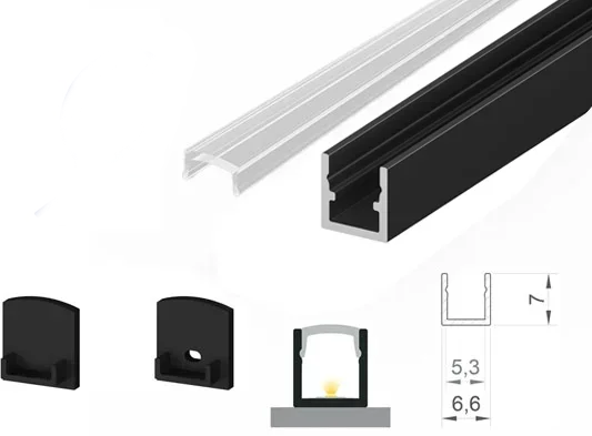 (6.6mm x 7mm) 1 Metre Surface Black LED Micro Profile P4-4 C/W Tape, End Caps & Clear Cover This is a Product image