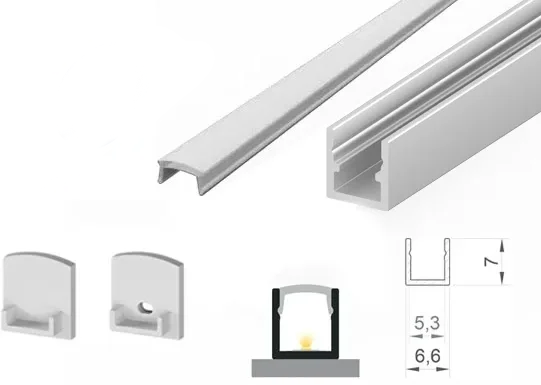 (6.6mm x 7mm) 1 Metre Surface Silver Anodized Aluminium LED Micro Profile P4-4 C/W Tape, End Caps & Opal Cover This is a Product image