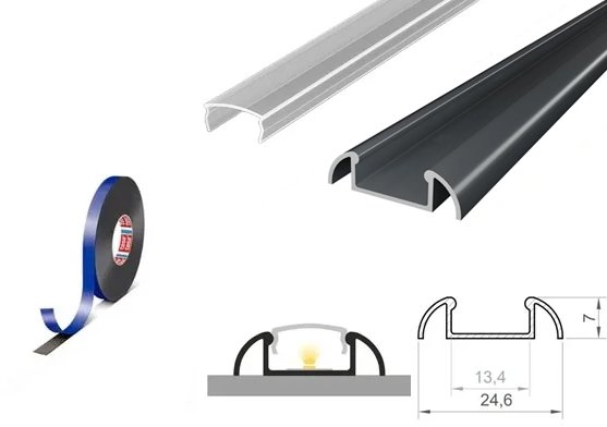 (24.6mm x 7mm) 2 Metre Surface Mounted Anthracite Grey LED Profile P2-1 C/W Clips & Clear Cover