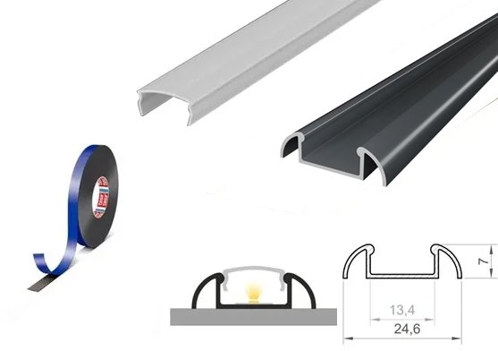 (24.6mm x 7mm) 2 Metre Surface Mounted Anthracite Grey LED Profile P2-1 C/W Clips & Opal Cover
